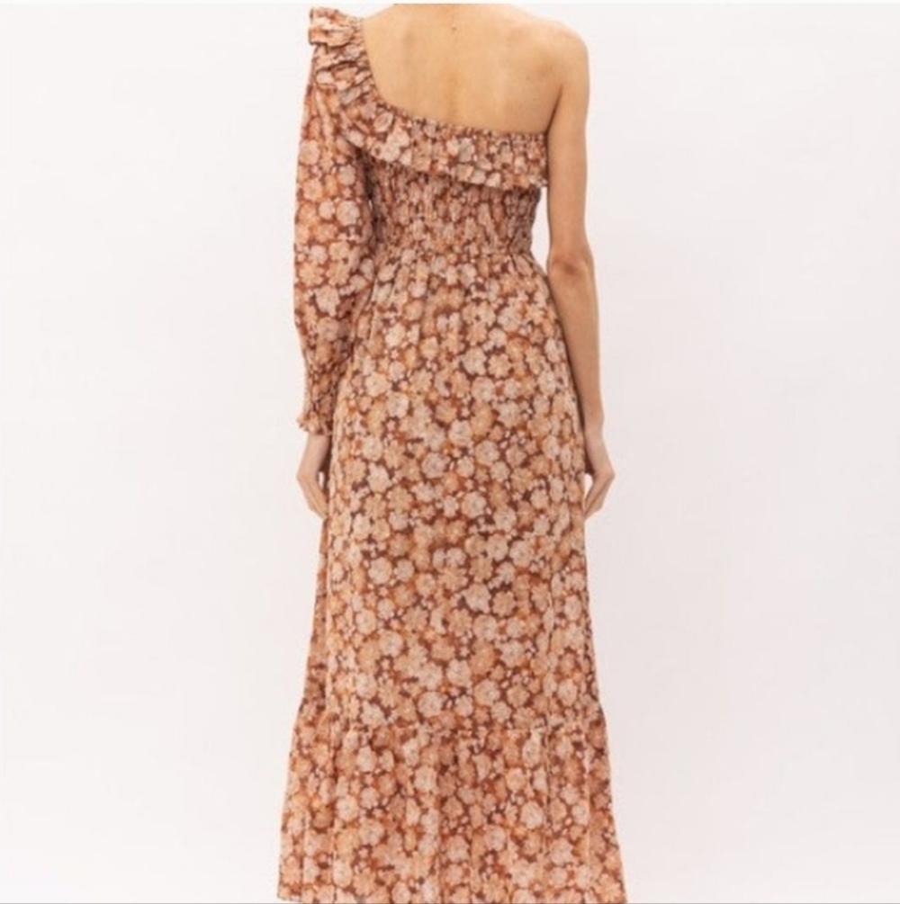 Sofie The Label Brown Floral One Shoulder Ruffle Boho Midi Dress Size Small - Picture 5 of 9